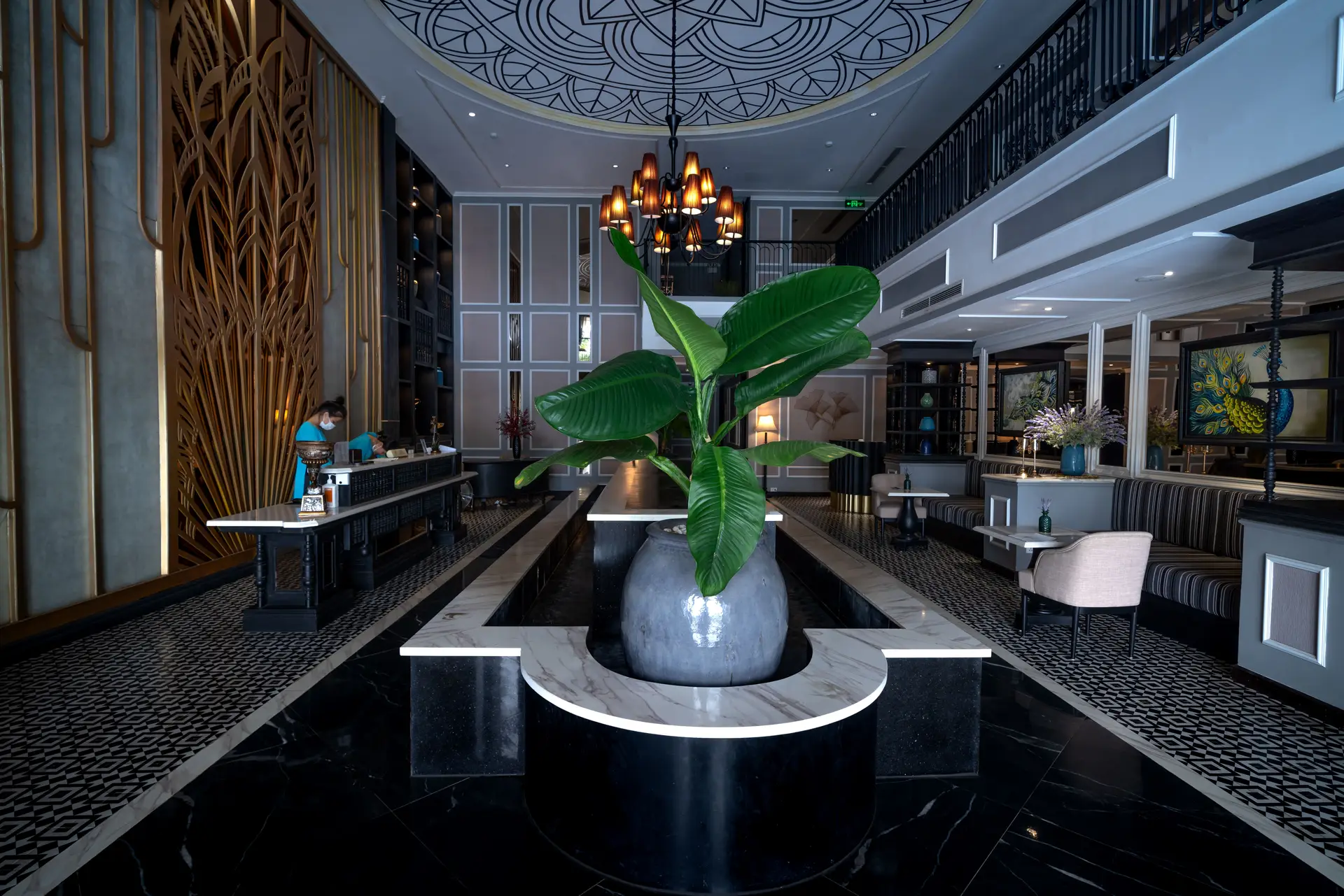 Luxurious hotel lobby with sleek decor and ambient lighting